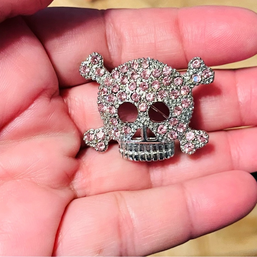 Skull Pink And Clear Rhinestone Brooch Halloween Theme